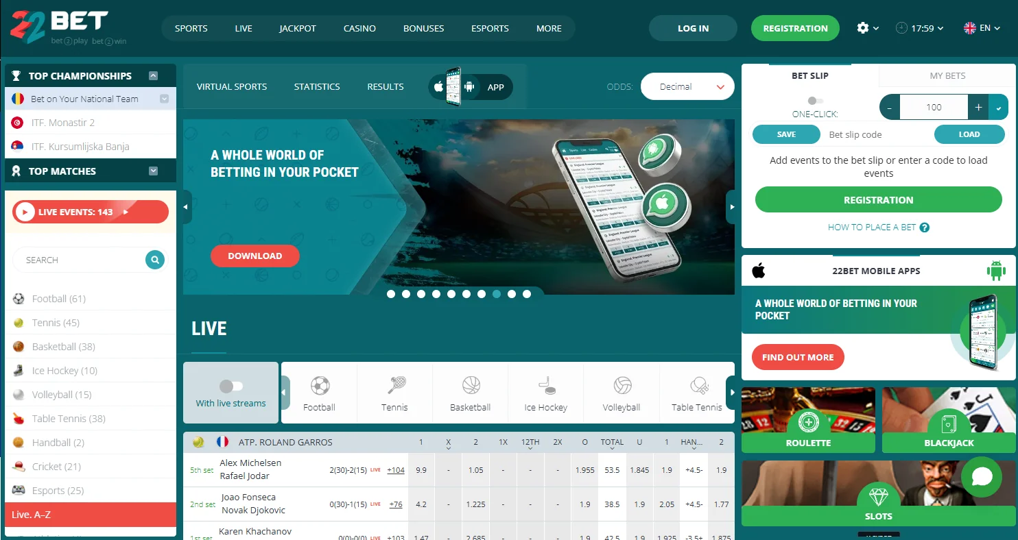 22Bet sportsbook homepage overview