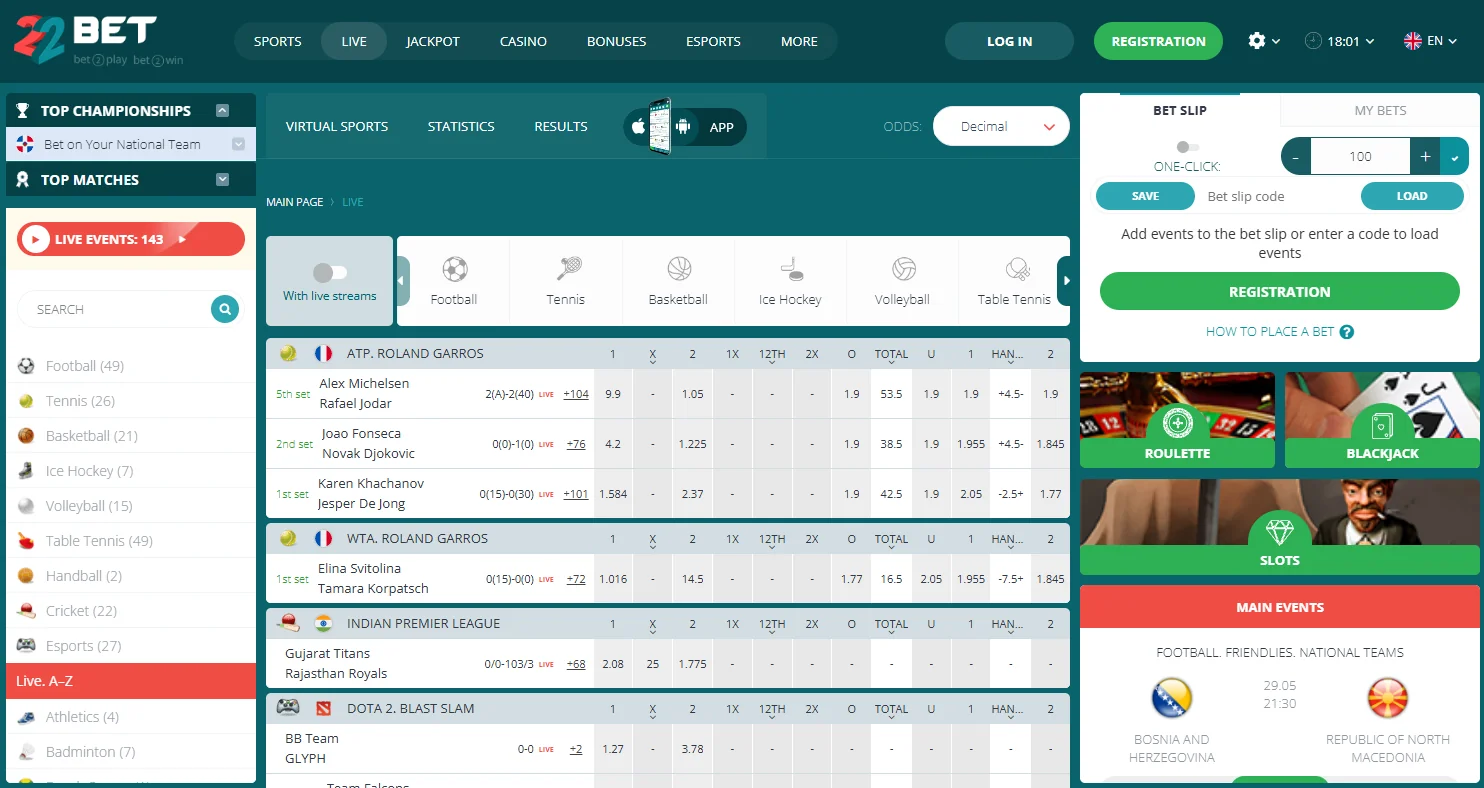 22Bet live betting interface