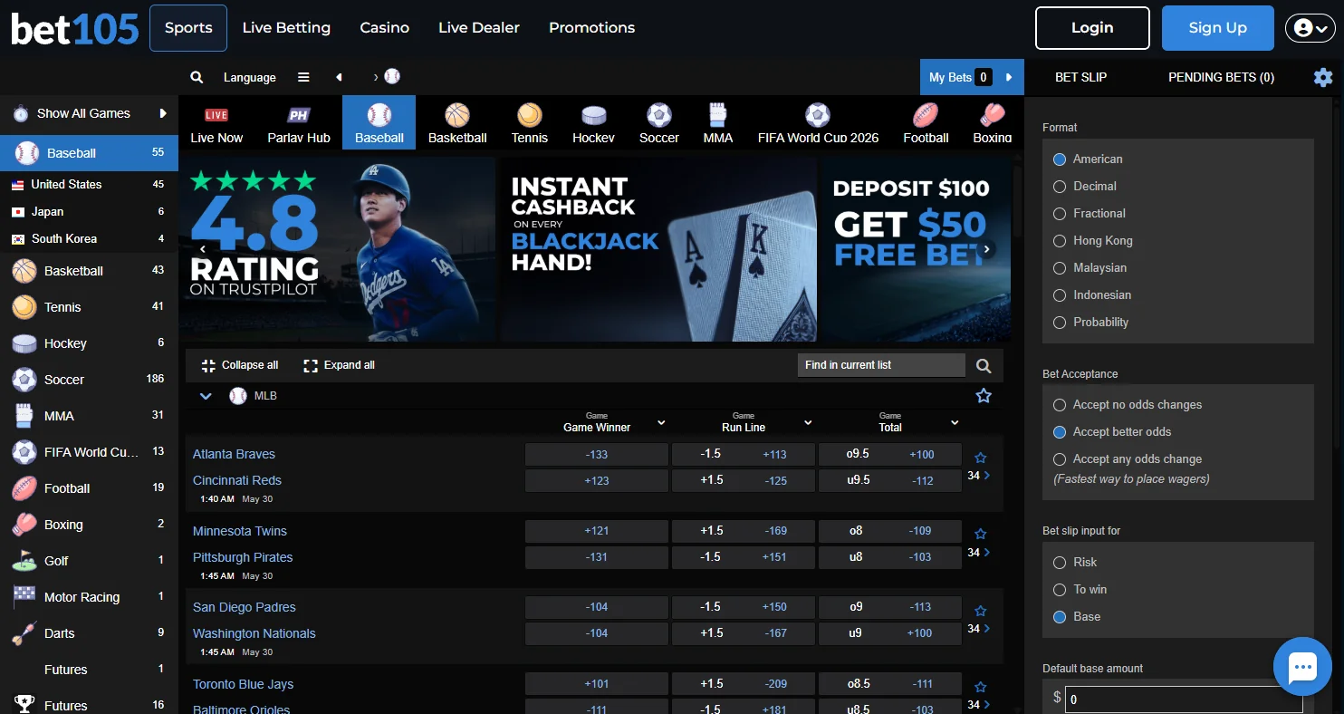 Bet105 sportsbook markets and Asian handicap coverage
