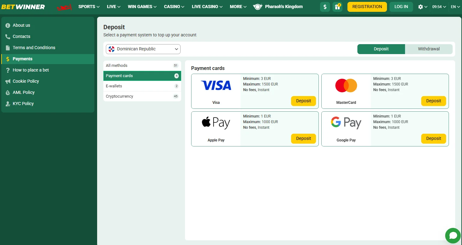 BetWinner deposit and withdrawal options