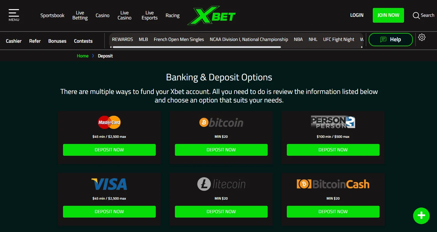 XBet deposit and withdrawal options